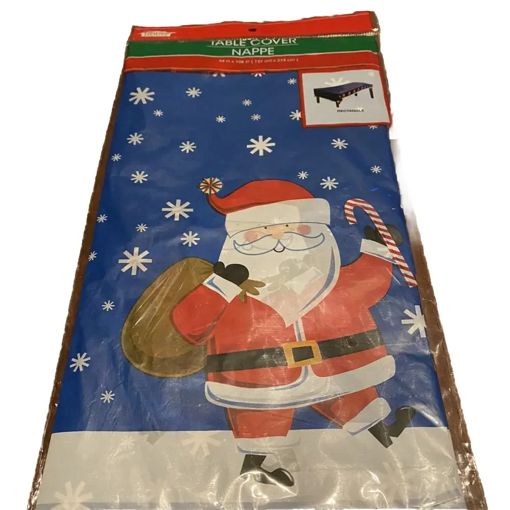 Christmas Holiday Plastic Table Cover Santa Snowflakes 54 X 108 Inches Gathering